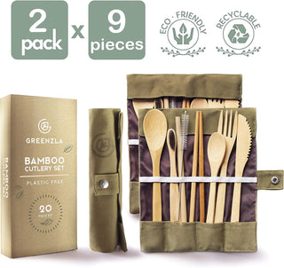 Greenzla Double Pack Bamboo Utensils Set with Bonus Toothbrush Pair, Straw, Spoon, Fork, Knife, Teaspoon, Chopsticks, Brush & Duo Storage Bags - Reusable Bamboo Cutlery - Wooden Utensil Set