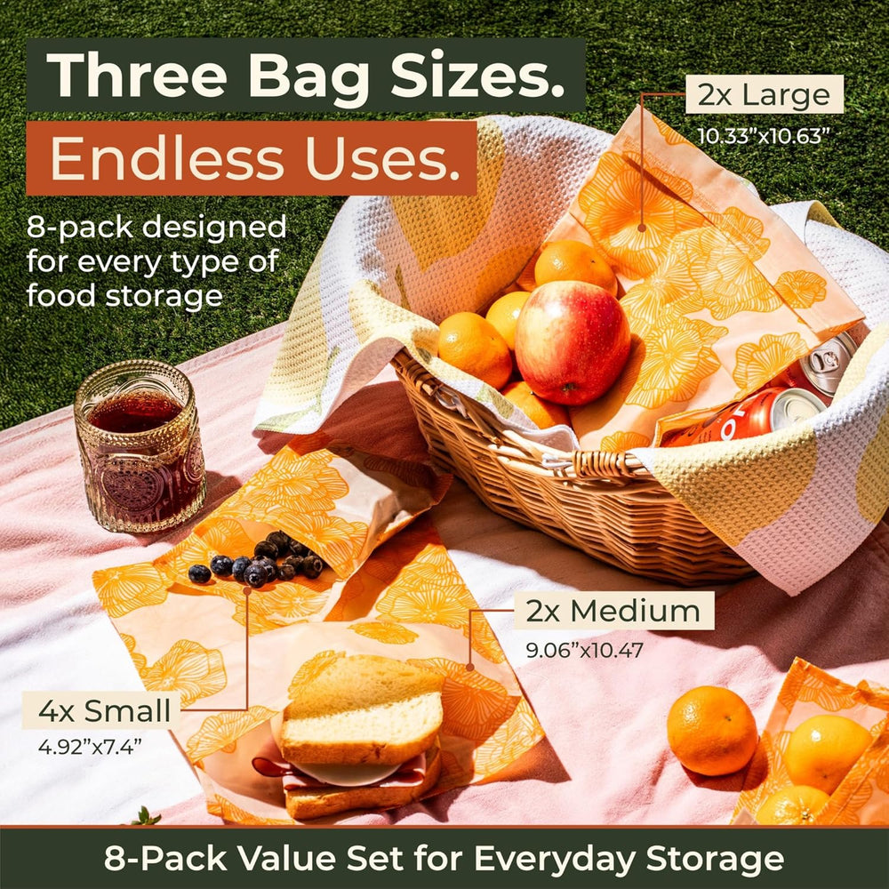 Reusable Beeswax Food Storage Bags – 8 Pack (2 Large, 2 Medium, 4 Small) | Natural Alternative to Plastic | Organic Cotton, Beeswax, Jojoba Oil