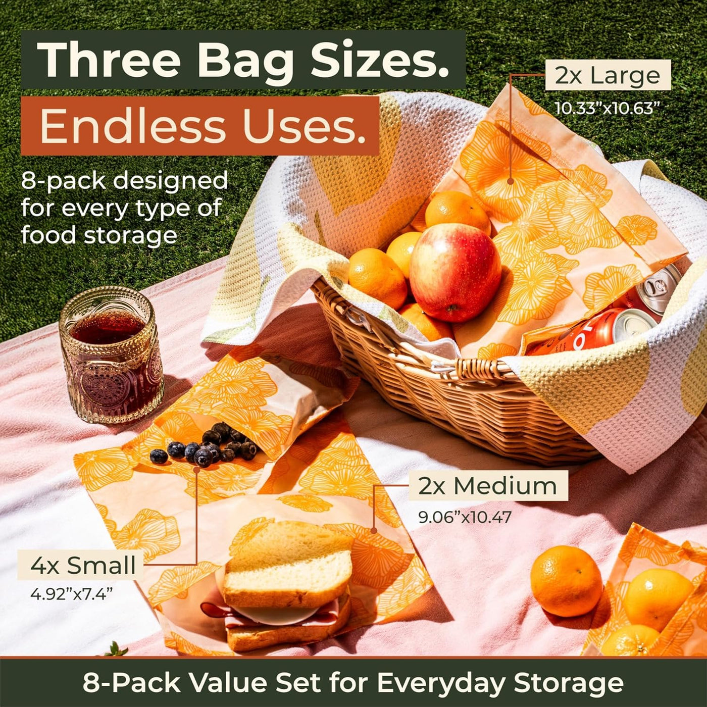 Reusable Beeswax Food Storage Bags – 8 Pack (2 Large, 2 Medium, 4 Small) | Natural Alternative to Plastic | Organic Cotton, Beeswax, Jojoba Oil