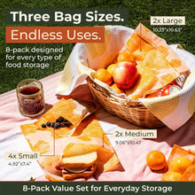 Reusable Beeswax Food Storage Bags – 8 Pack (2 Large, 2 Medium, 4 Small) | Natural Alternative to Plastic | Organic Cotton, Beeswax, Jojoba Oil