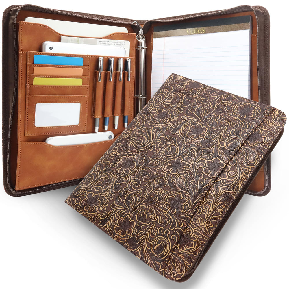 Embossed Faux Leather Zippered Padfolio with 3 Ring Binder, Executive Portfolio Organizer Binder for Women, Fits 13.9" Laptop/Tablet, Refillable Writing Pad Pocket, Green