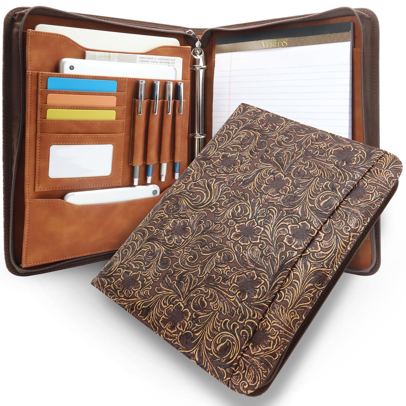 Embossed Faux Leather Zippered Padfolio with 3 Ring Binder, Executive Portfolio Organizer Binder for Women, Fits 13.9" Laptop/Tablet, Refillable Writing Pad Pocket, Green