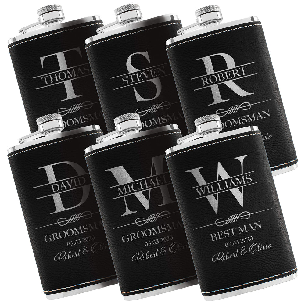 Personalized Hip Flasks Set of 6 - Engraved Leatherette 6 Oz, Best Man & Groomsmen Proposal Gifts, Wedding Party Favors - Chestnut #4