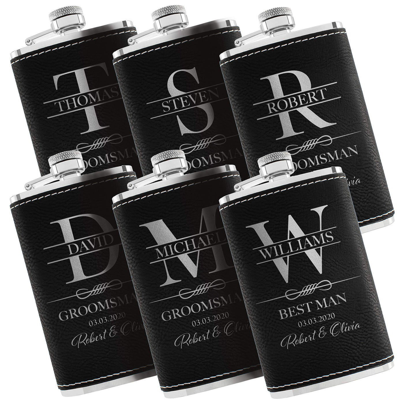 Personalized Hip Flasks Set of 6 - Engraved Leatherette 6 Oz, Best Man & Groomsmen Proposal Gifts, Wedding Party Favors - Chestnut #4