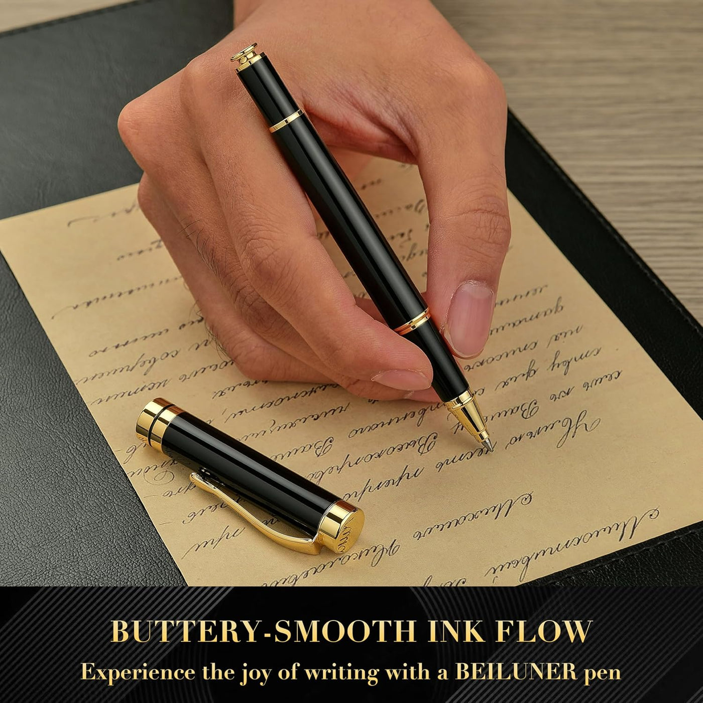 BEILUNER Ballpoint Pens, Stunning Black Chrome Metal Pen with Golden Trim, Best Ball Pen Gift Set for Men & Women, Professional, Executive, Office, Nice Pens-Gift Box with 0.5mm Black Extra Refill
