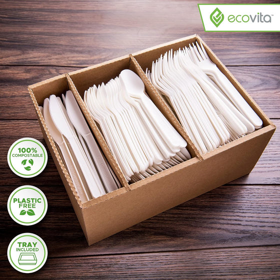 Ecovita 100% Compostable Forks Spoons Knives Cutlery Combo Set - 380 Large Disposable Utensils (7 in.) Eco Friendly Durable and Heat Resistant Alternative to Plastic Silverware with Convenient Tray - hover image