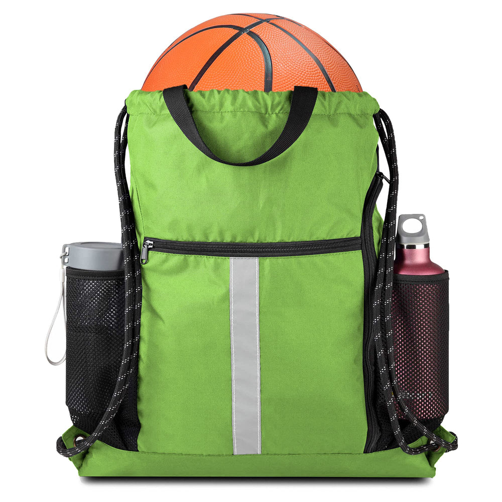 BeeGreen Black Drawstring Backpack Gym Bag For Men Women String Sports Backpack With Water Bottle Mesh Pockets And 2 Zippered Pocket Large Cinch Sackpack Workout Bag 16" x 20"