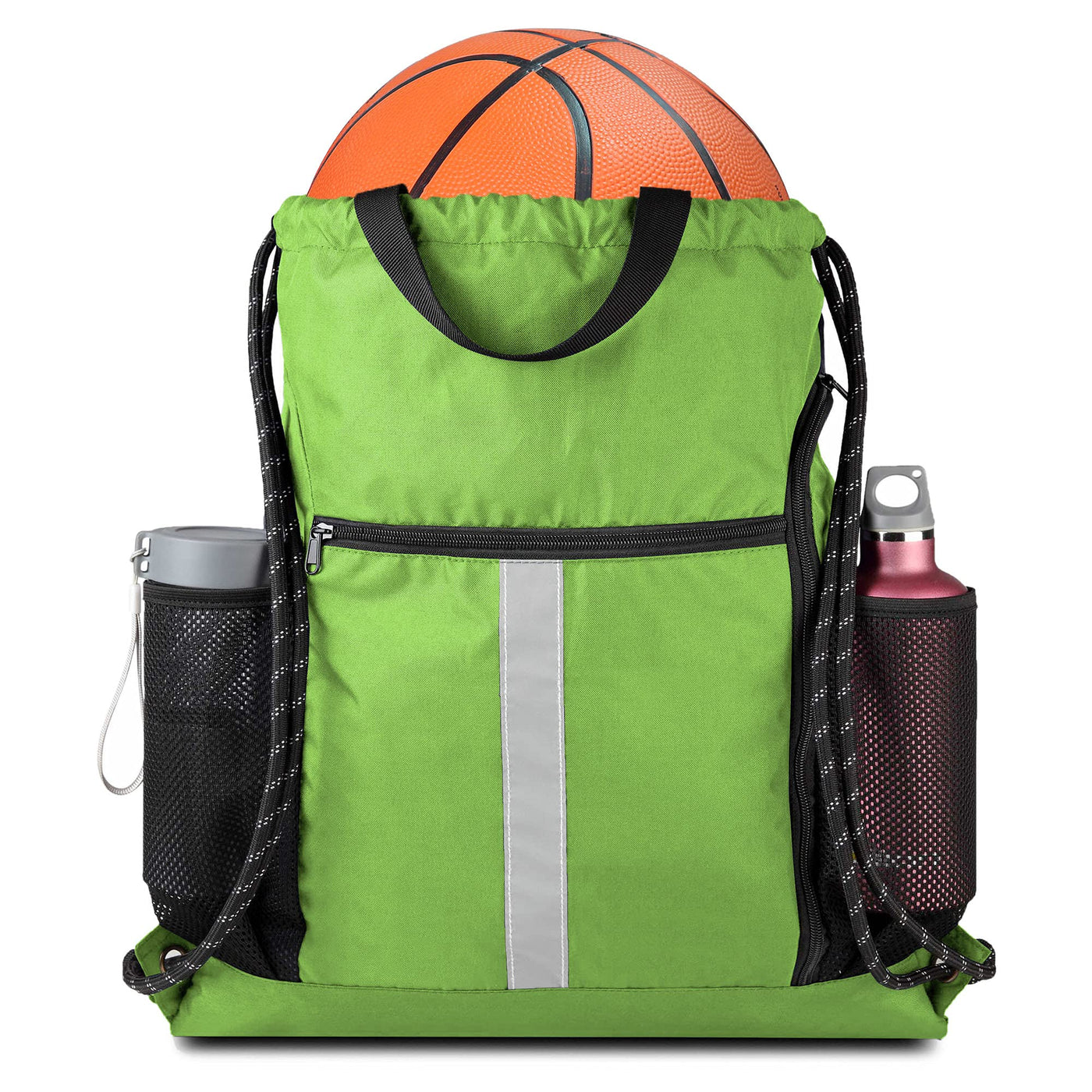BeeGreen Black Drawstring Backpack Gym Bag For Men Women String Sports Backpack With Water Bottle Mesh Pockets And 2 Zippered Pocket Large Cinch Sackpack Workout Bag 16" x 20"