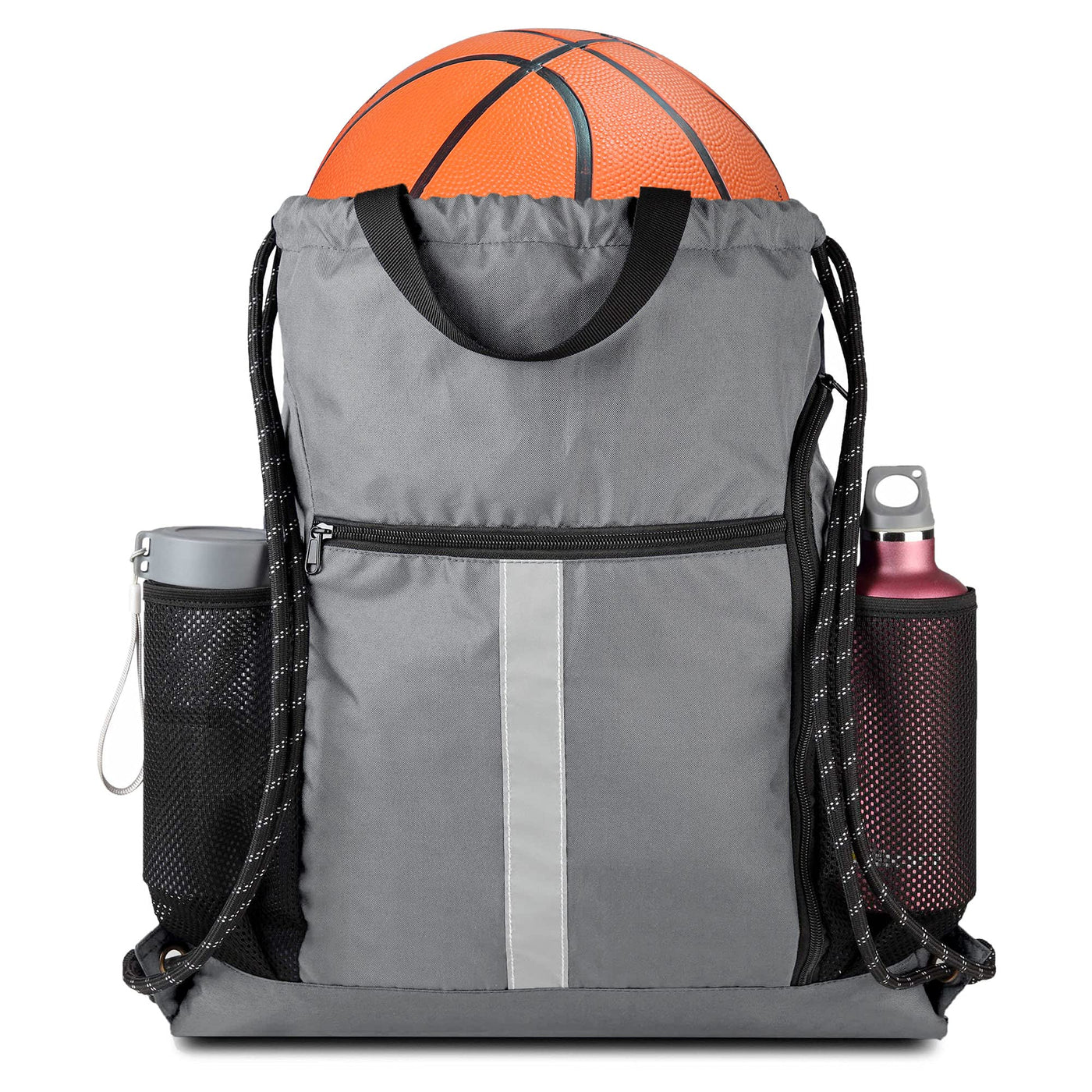 BeeGreen Black Drawstring Backpack Gym Bag For Men Women String Sports Backpack With Water Bottle Mesh Pockets And 2 Zippered Pocket Large Cinch Sackpack Workout Bag 16" x 20"