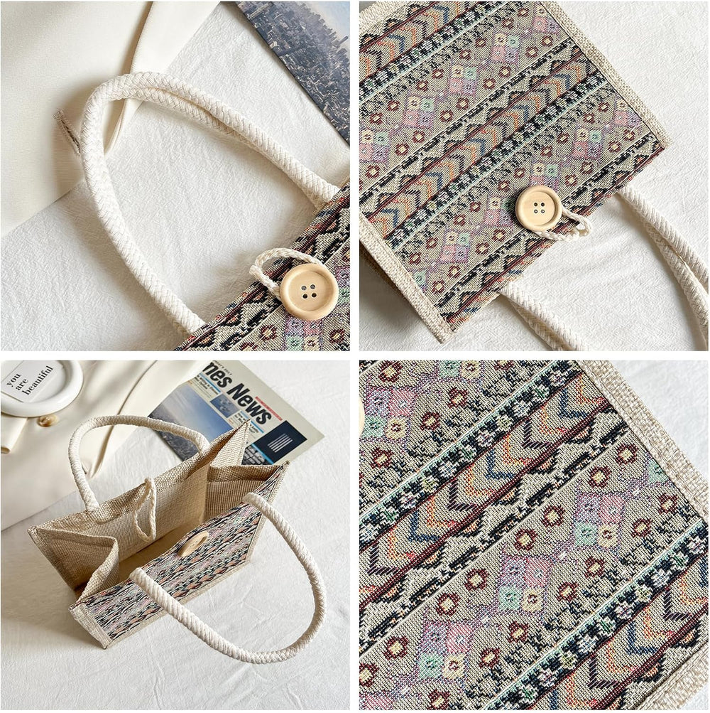 Women Tote Bag,2Pcs Jute Casual Tote's Handbag Embroidered Personalized Bento Bag,Reusable Grocery Bags Shopping Bags