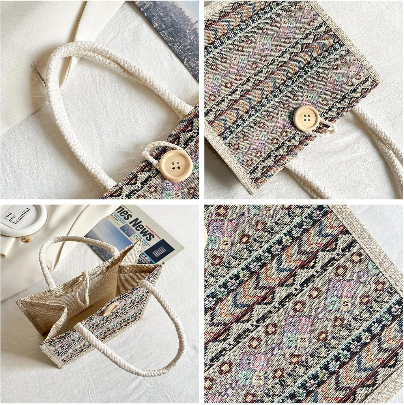 Women Tote Bag,2Pcs Jute Casual Tote's Handbag Embroidered Personalized Bento Bag,Reusable Grocery Bags Shopping Bags