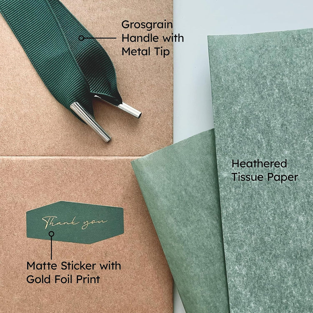 BYMARUE Elegant House-Shaped Gift Box Set with Handle, Thank You Sticker & Tissue Paper - Sturdy, Corrugated Gift Packaging, Goody Bags, Housewarming Favor Box for Mugs, Glass, Jams, Candles, Bottles, Jars, Cookies - Kraft Brown & Forest Green (1 Set)