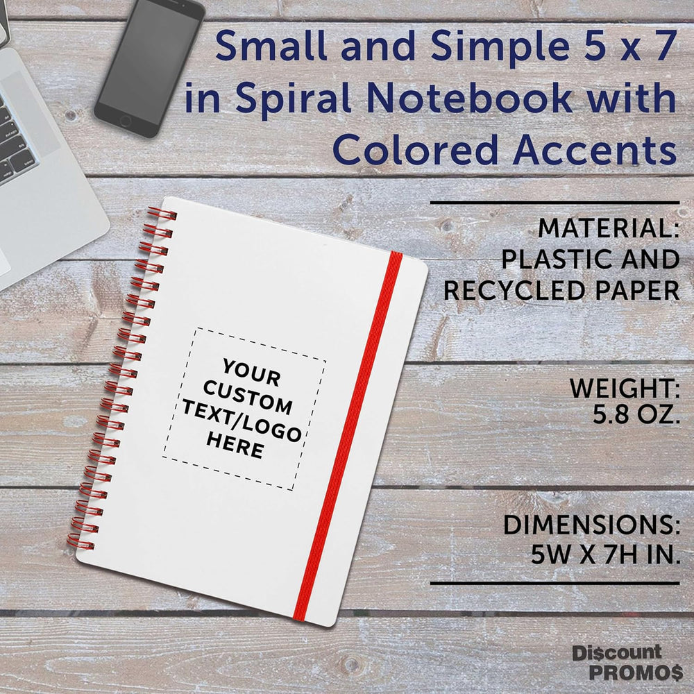 DISCOUNT PROMOS Personalized Custom White Spiral Notebook with Elastic Band Pack – 10/50/100 Pack, Customizable Text & Logo, 80 Lined Pages, Recycled Paper – Red