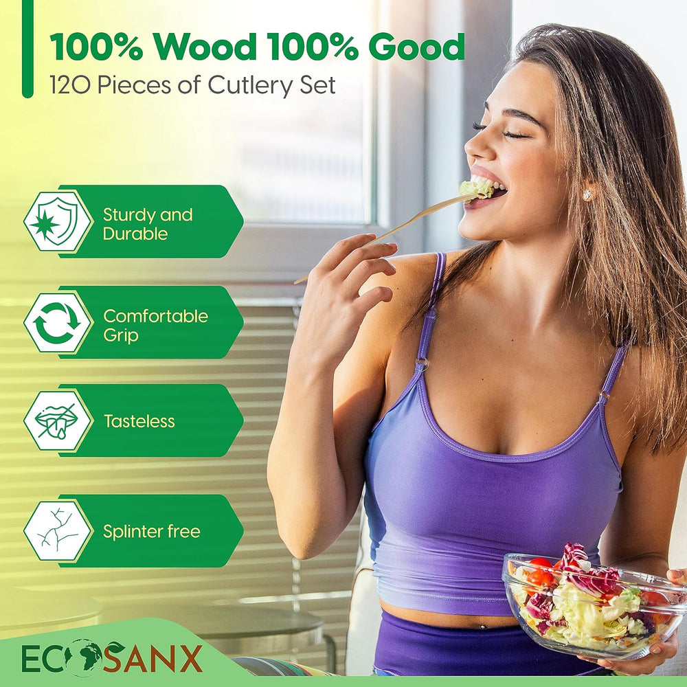 ECOSANX® 120 PCs Disposable Wooden Cutlery set 6.3" Splinter Free Compostable Utensils for party, Eco-Friendly, 100% All-Natural Bamboo Utensils set for picnic, Bamboo cutlery set for Events & More