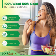 ECOSANX® 120 PCs Disposable Wooden Cutlery set 6.3" Splinter Free Compostable Utensils for party, Eco-Friendly, 100% All-Natural Bamboo Utensils set for picnic, Bamboo cutlery set for Events & More