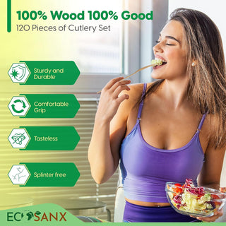 ECOSANX® 120 PCs Disposable Wooden Cutlery set 6.3" Splinter Free Compostable Utensils for party, Eco-Friendly, 100% All-Natural Bamboo Utensils set for picnic, Bamboo cutlery set for Events & More