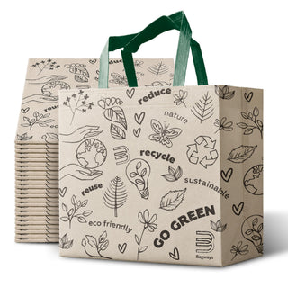 Bagways 30 PACK Reusable Grocery Bags with Handles, Durable, Foldable, Washable Eco-Friendly Shopping Totes, 14x6.5x14 Inch, Beige/Green Eco Doodles Design