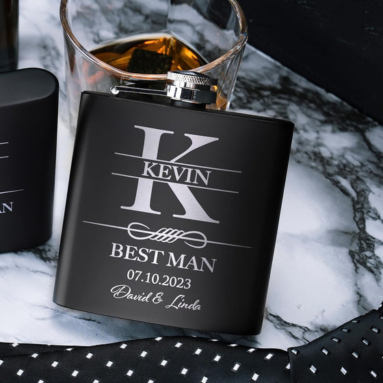 Set of 6, Groomsmen Gifts for Wedding | Personalized Groomsmen Flasks w/Optional Gift Box, Bachelor Party Team, 6 oz. Custom Engraved Hip Flasks for Best Man and Groomsman Proposal #3, Stainless Steel - hover image