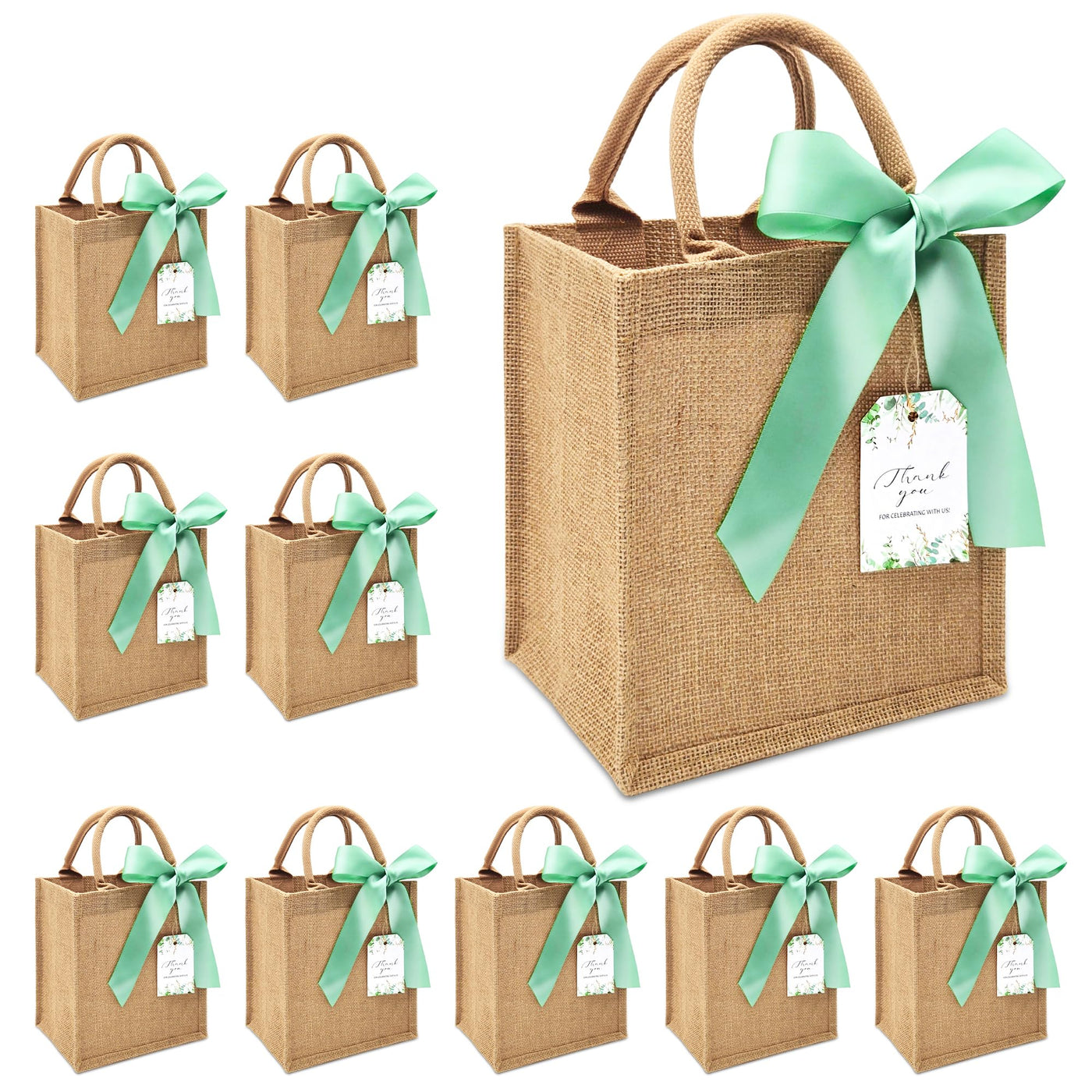 JollyFayre Small Burlap Gift Bags 10 Pack for Wedding Welcome, Bachelorette, Beach, Bridesmaid - Reusable Bulk Jute Bags with Cream Ribbons