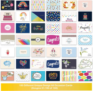 Janvale 100 All Occasion Cards Assortment Box with Color Envelopes，All Occasion Cards Set with Greeting Inside, Large 5 x 7 inch Cards with Stickers and Dividers