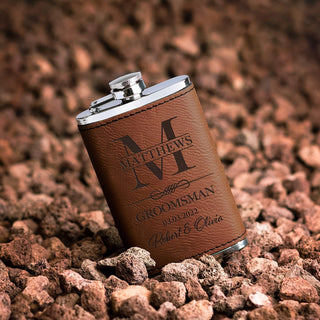 Personalized Hip Flasks Set of 6 - Engraved Leatherette 6 Oz, Best Man & Groomsmen Proposal Gifts, Wedding Party Favors - Chestnut #4
