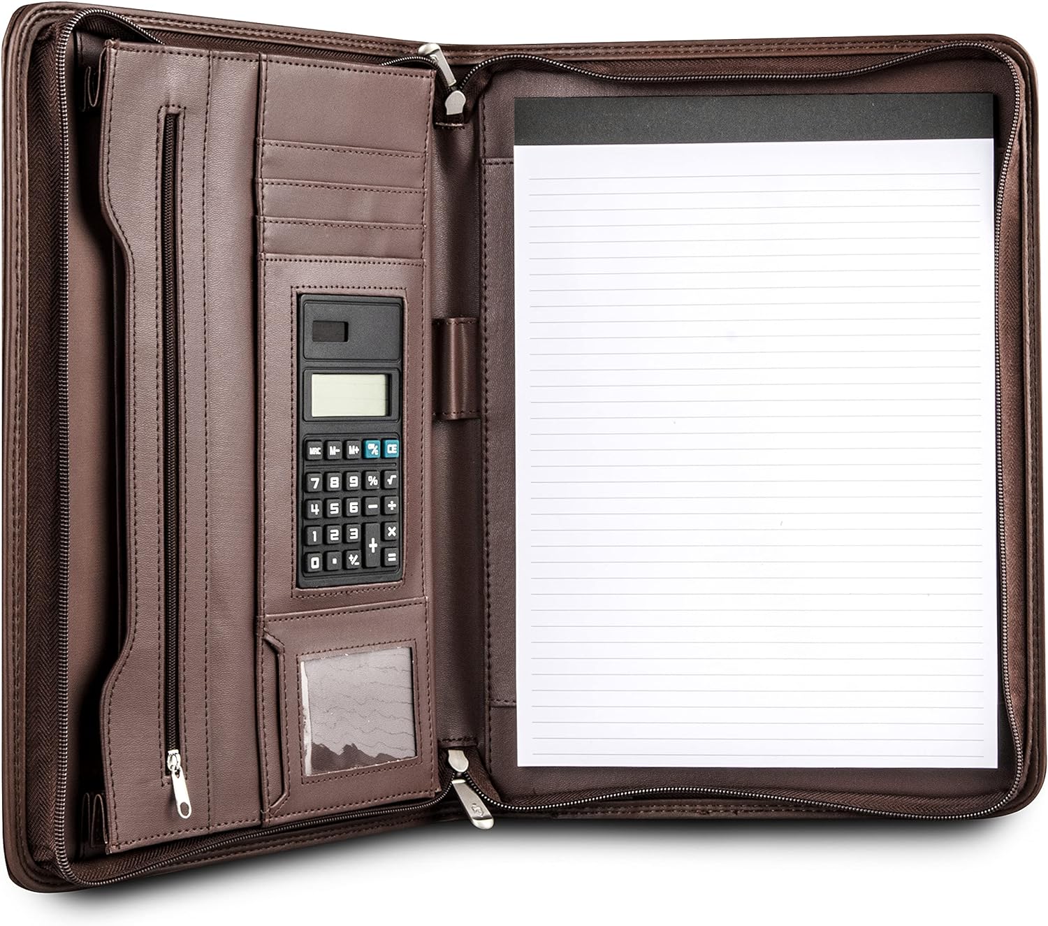 Cossini Premium Business Portfolio with Zipper – Padfolio - Superior Business Impressions Begin with PU Vegan Leather, 10.1 Inch Tablet Sleeve, Smart Storage, Solar Calculator, Writing Pad -Brown