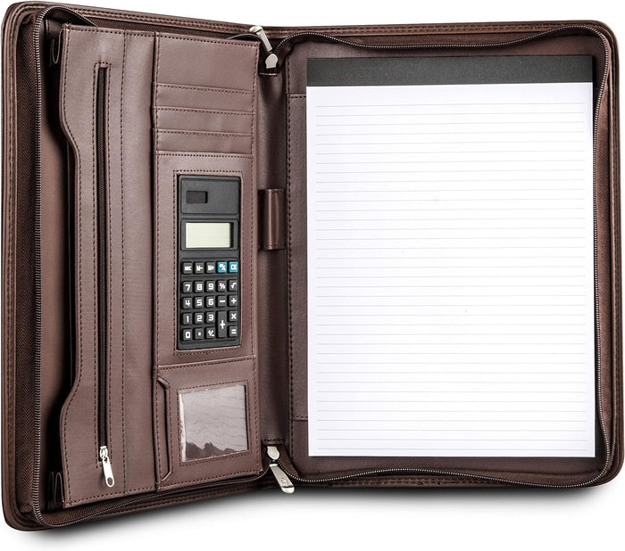 Cossini Premium Business Portfolio with Zipper – Padfolio - Superior Business Impressions Begin with PU Vegan Leather, 10.1 Inch Tablet Sleeve, Smart Storage, Solar Calculator, Writing Pad -Brown