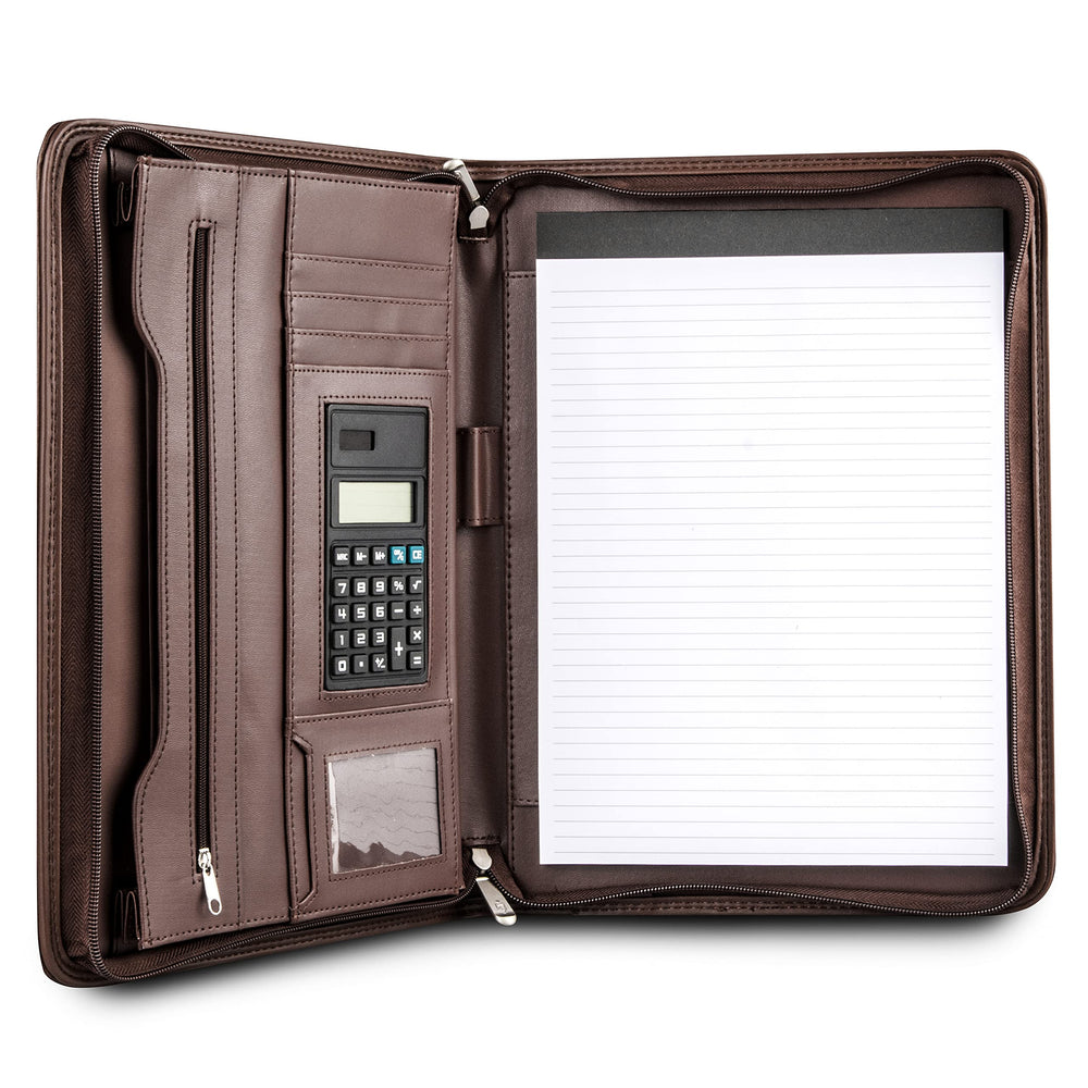 Cossini Premium Business Portfolio with Zipper – Padfolio - Superior Business Impressions Begin with PU Vegan Leather, 10.1 Inch Tablet Sleeve, Smart Storage, Solar Calculator, Writing Pad -Brown