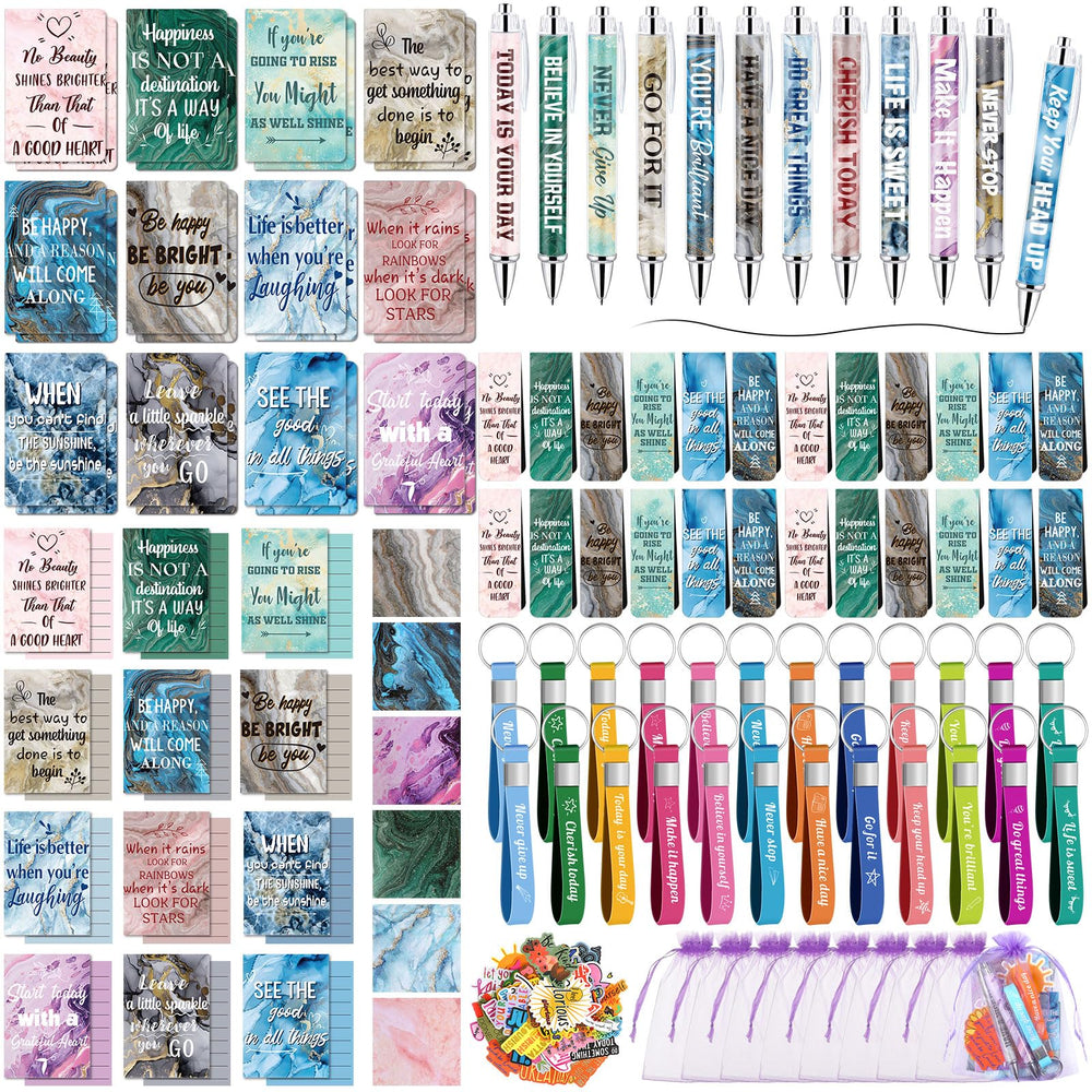 Pasimy 218 Pcs Inspirational Stationery Gifts Motivational Mini Notepad Pen Quote Bookmarks Stress Relief Stickers Inspiring Silicone Keychains for Home Office Appreciation Gift(Stylish)