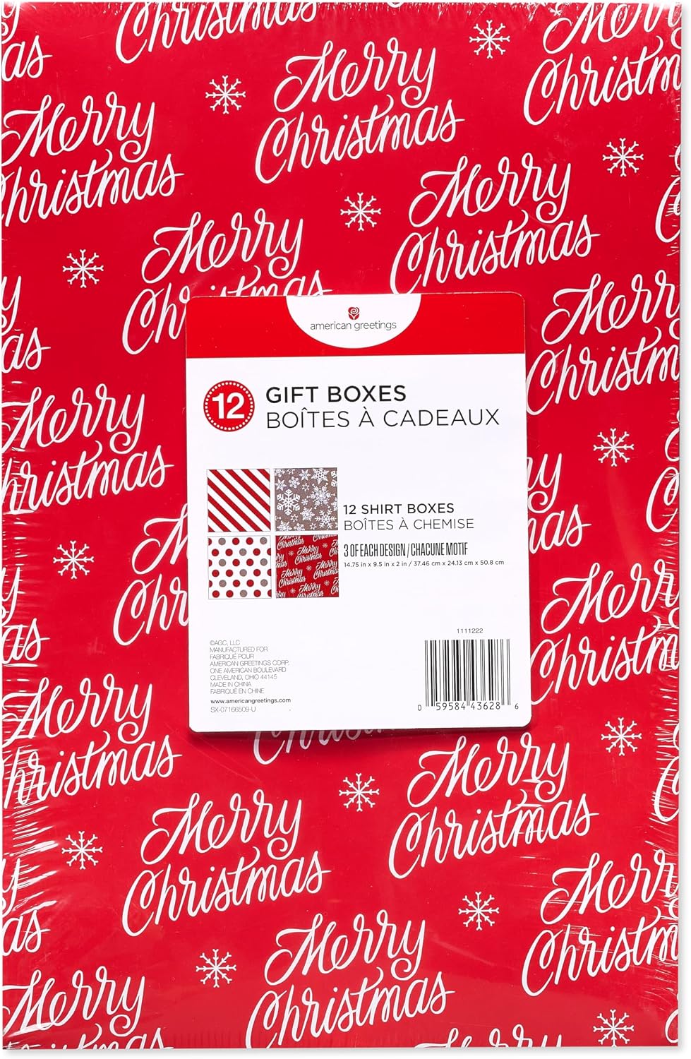 American Greetings Christmas Gift Boxes, Red, White and Silver Christmas Patterns (12-Boxes, 14.75 in. x 9.5 in.)