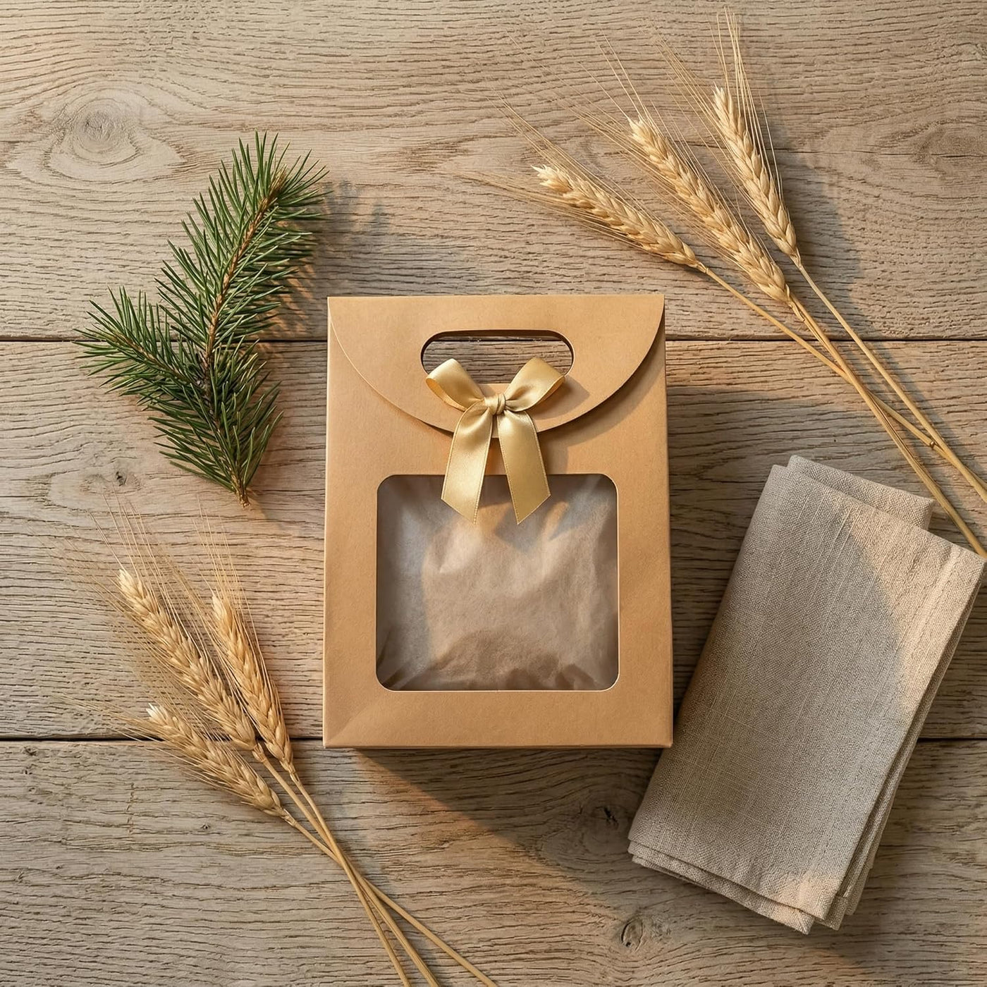 20pcs Elegant Kraft Paper Gift Bags with Clear Window & Sturdy Brown Cardboard Back -Stand Up Design with Rounded Corners & Twine Closure Recyclable Brown Cardboard Boxes for Holiday Party