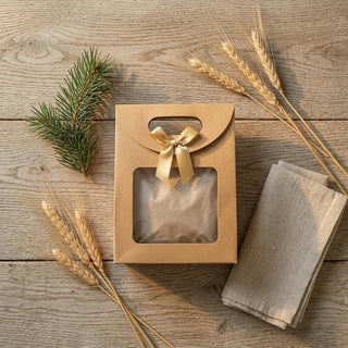 20pcs Elegant Kraft Paper Gift Bags with Clear Window & Sturdy Brown Cardboard Back -Stand Up Design with Rounded Corners & Twine Closure Recyclable Brown Cardboard Boxes for Holiday Party