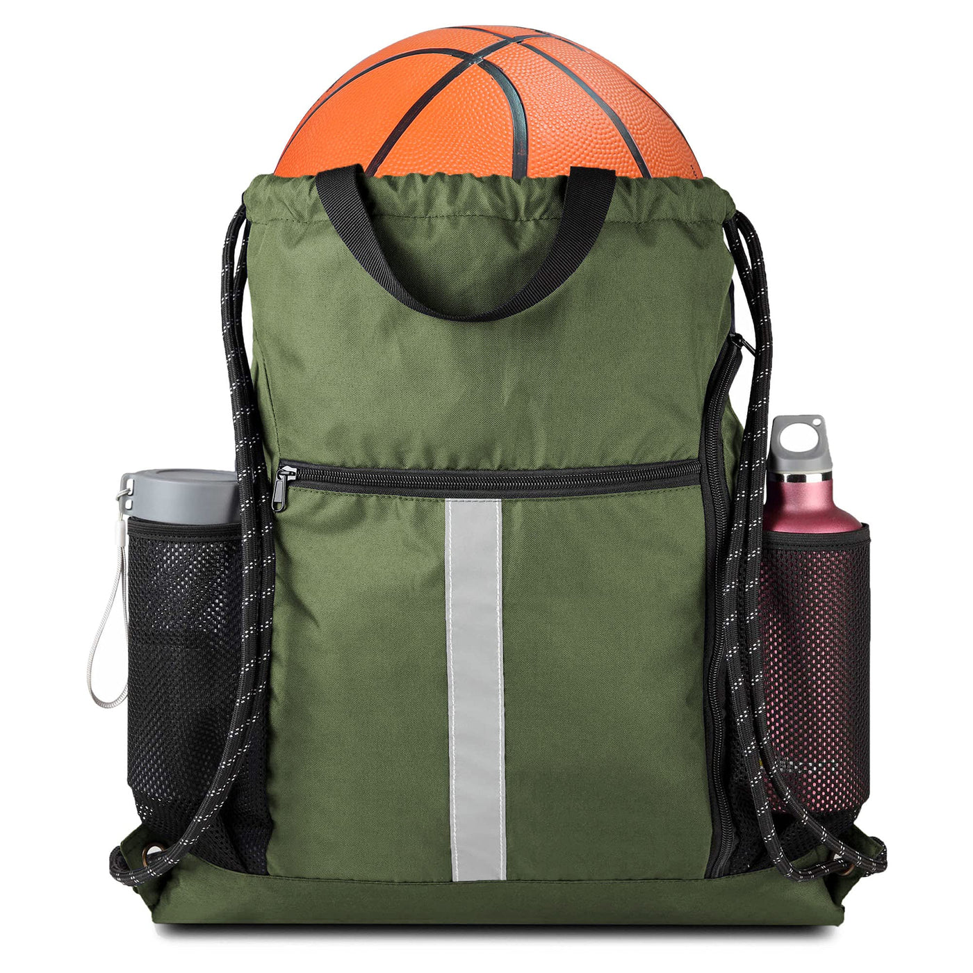 BeeGreen Black Drawstring Backpack Gym Bag For Men Women String Sports Backpack With Water Bottle Mesh Pockets And 2 Zippered Pocket Large Cinch Sackpack Workout Bag 16" x 20"