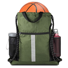 BeeGreen Black Drawstring Backpack Gym Bag For Men Women String Sports Backpack With Water Bottle Mesh Pockets And 2 Zippered Pocket Large Cinch Sackpack Workout Bag 16" x 20"