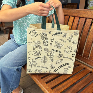 Bagways 30 PACK Reusable Grocery Bags with Handles, Durable, Foldable, Washable Eco-Friendly Shopping Totes, 14x6.5x14 Inch, Beige/Green Eco Doodles Design