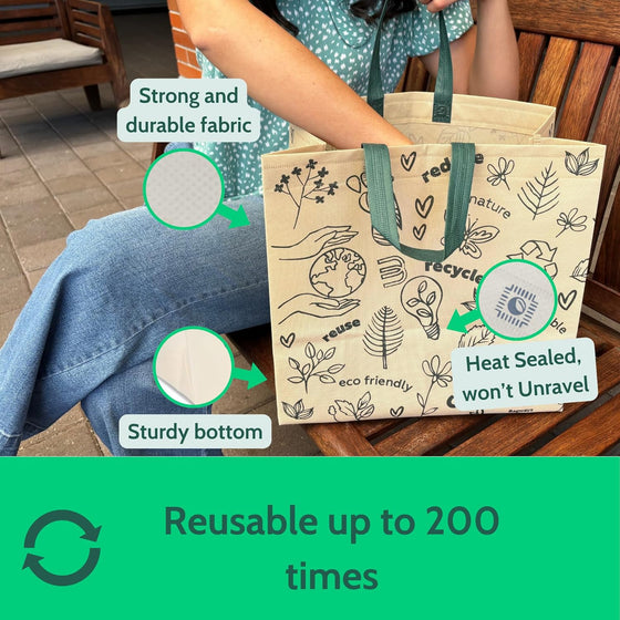 Bagways 30 PACK Reusable Grocery Bags with Handles, Durable, Foldable, Washable Eco-Friendly Shopping Totes, 14x6.5x14 Inch, Beige/Green Eco Doodles Design - hover image