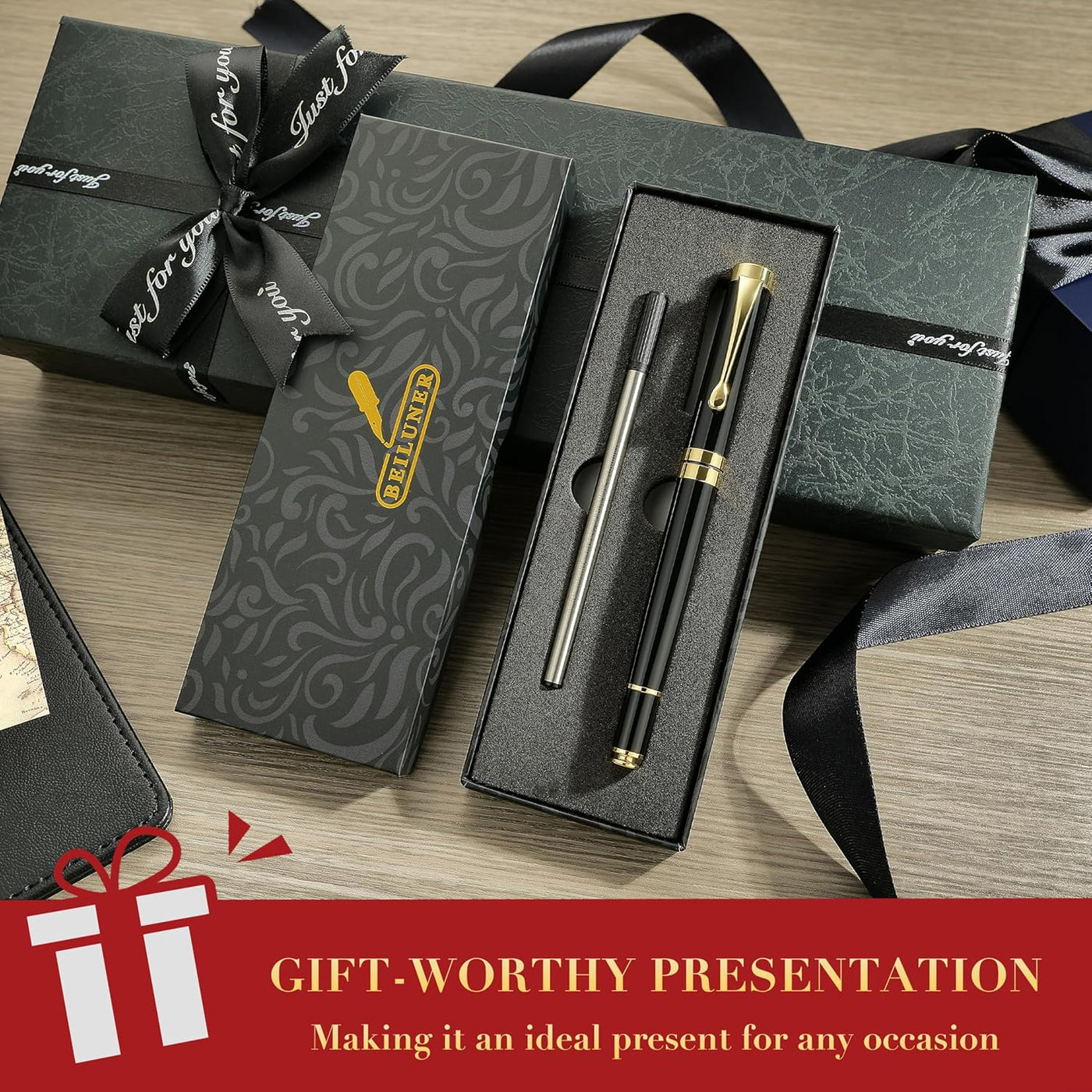BEILUNER Ballpoint Pens, Stunning Black Chrome Metal Pen with Golden Trim, Best Ball Pen Gift Set for Men & Women, Professional, Executive, Office, Nice Pens-Gift Box with 0.5mm Black Extra Refill