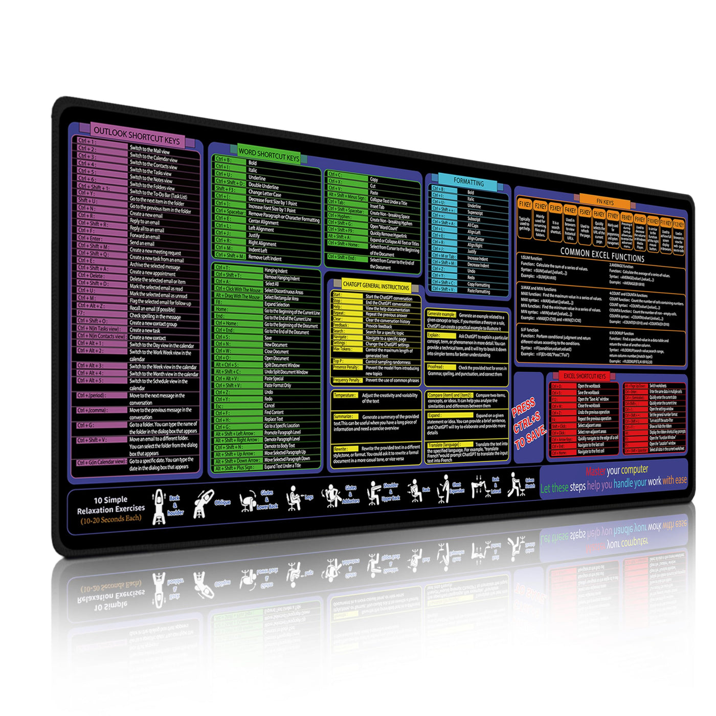 All-in-One Office & Gaming Mouse Pad: Excel/Word/Power Point Mouse pad - XL Waterproof, Non-Slip Desk Mat with Stitched Edges 31.5 x 11.8inches x 3mm