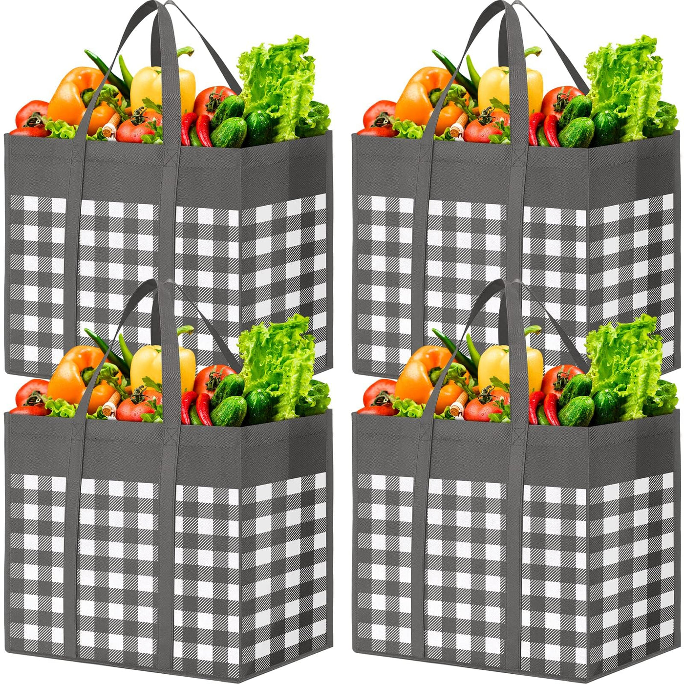 WOWBOX Reusable Grocery Bags,4-Pack, Foldable Reusable Shopping Tote Bags bulk with Reinforced Handles,Large Storage Bags with Water Resistant Coating for Groceries,Multipurpose,Black-White