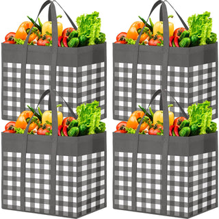 WOWBOX Reusable Grocery Bags,4-Pack, Foldable Reusable Shopping Tote Bags bulk with Reinforced Handles,Large Storage Bags with Water Resistant Coating for Groceries,Multipurpose,Black-White