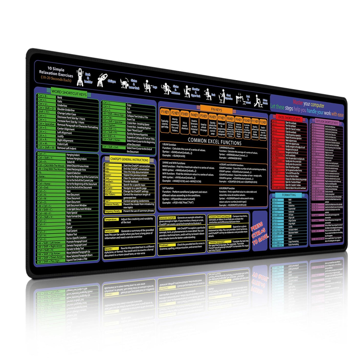 All-in-One Office & Gaming Mouse Pad: Excel/Word/Power Point Mouse pad - XL Waterproof, Non-Slip Desk Mat with Stitched Edges 31.5 x 11.8inches x 3mm