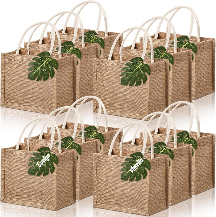 Paterr 12 Pcs Burlap Jute Tote Bag Bachelorette Gift Bag with Handle Tissue Paper Monstera Tag for Bridesmaid Party Favor