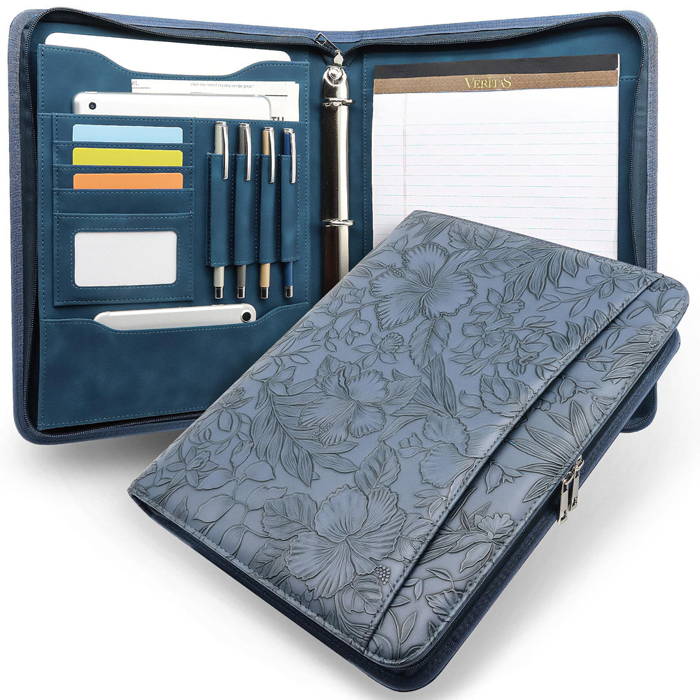 Embossed Faux Leather Zippered Padfolio with 3 Ring Binder, Executive Portfolio Organizer Binder for Women, Fits 13.9" Laptop/Tablet, Refillable Writing Pad Pocket, Green