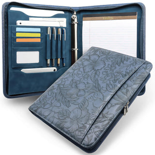 Embossed Faux Leather Zippered Padfolio with 3 Ring Binder, Executive Portfolio Organizer Binder for Women, Fits 13.9" Laptop/Tablet, Refillable Writing Pad Pocket, Green