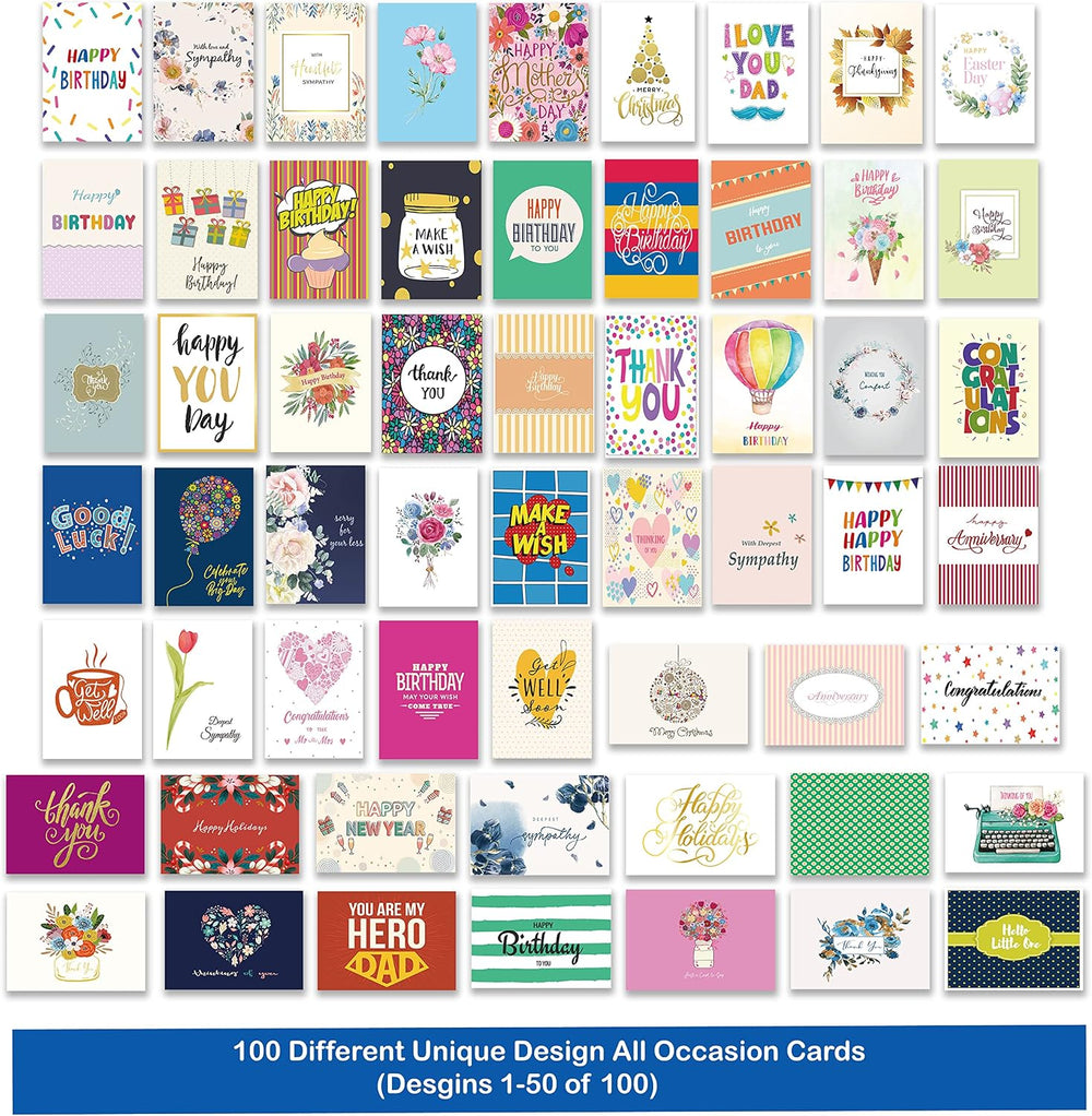 Janvale 100 All Occasion Cards Assortment Box with Color Envelopes，All Occasion Cards Set with Greeting Inside, Large 5 x 7 inch Cards with Stickers and Dividers