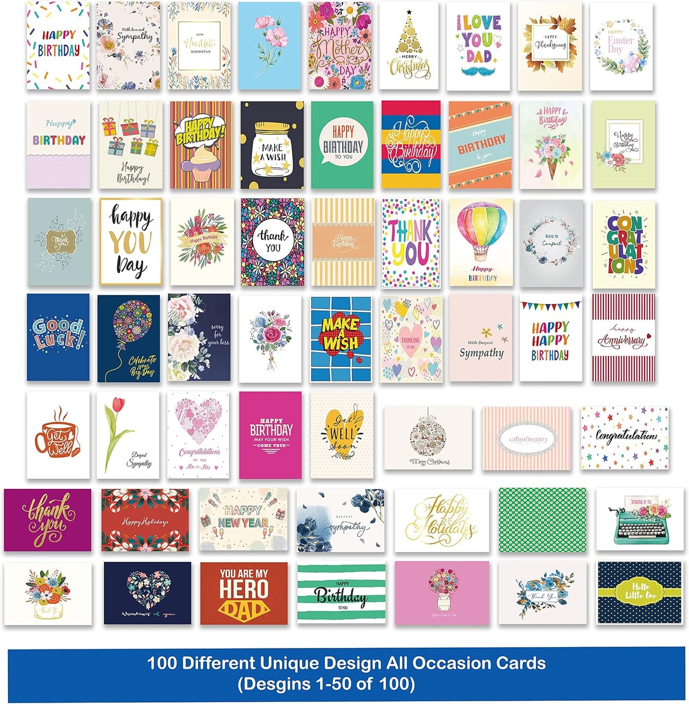 Janvale 100 All Occasion Cards Assortment Box with Color Envelopes，All Occasion Cards Set with Greeting Inside, Large 5 x 7 inch Cards with Stickers and Dividers