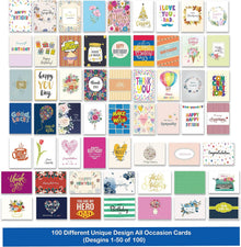 Janvale 100 All Occasion Cards Assortment Box with Color Envelopes，All Occasion Cards Set with Greeting Inside, Large 5 x 7 inch Cards with Stickers and Dividers