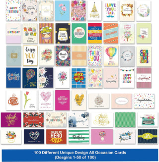 Janvale 100 All Occasion Cards Assortment Box with Color Envelopes，All Occasion Cards Set with Greeting Inside, Large 5 x 7 inch Cards with Stickers and Dividers