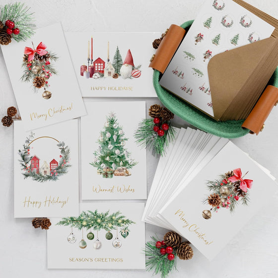 ZICOTO Beautiful Christmas Cards Set of 20 with Watercolor Designs - Incl. Bulk Envelopes, Matching Stickers And Storage Box - Perfect to Send Warm Holiday Wishes to Friends and Family - hover image