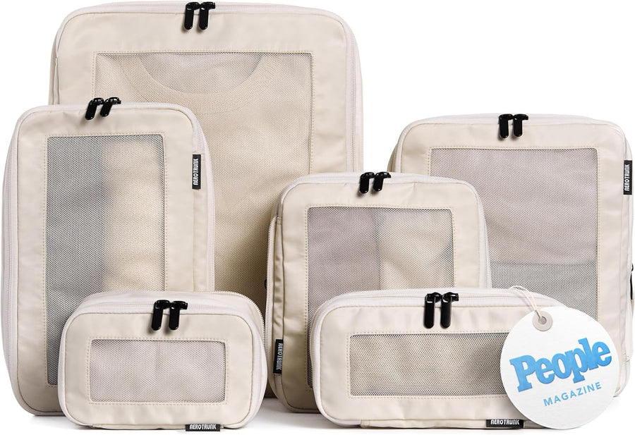 Aerotrunk Compression Packing Cubes for Travel - Luggage Organizer Bags - Double Zipper Packing Cubes for Suitcases (6-Pack, Beige)